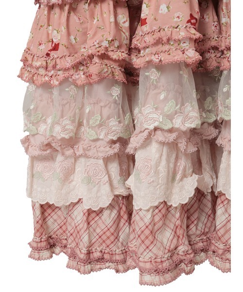 ローズレース使いミックスパッチワークワンピース（ワンピース）｜PINK