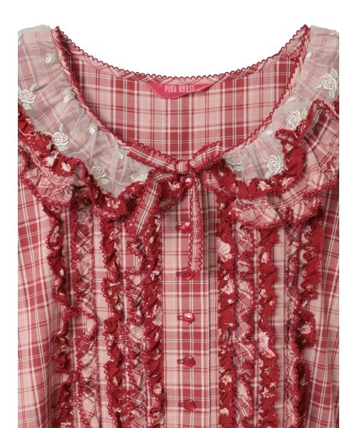 Pink house ローズレース使いミックスパッチワークワンピース レッド ローズレース使いミックスパッチワークワンピース（ワンピース）｜PINK