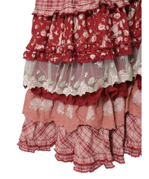 ローズレース使いミックスパッチワークワンピース（ワンピース）｜PINK