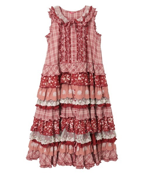 ローズレース使いミックスパッチワークワンピース（ワンピース）｜PINK