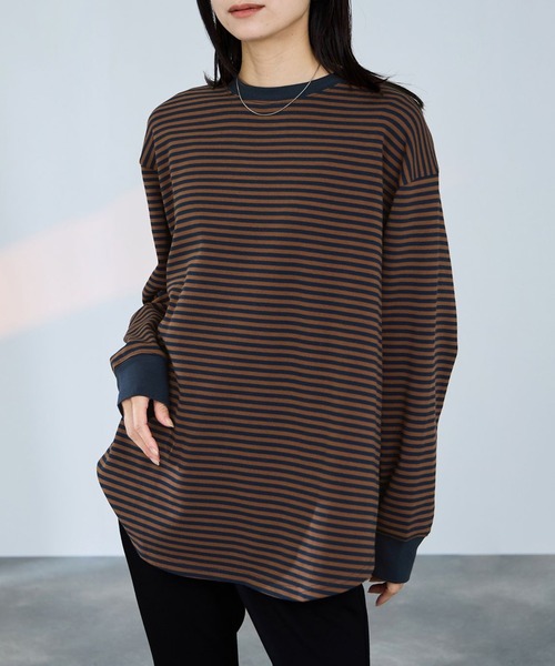 Mac-House(マックハウス)の「milli de l'air オーバーサイズボーダーカットソー(Tシャツ/カットソー・レディース・ブラウン系その他/ブラック系その他・M)」の2枚目の写真