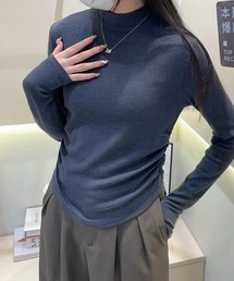 サイド シャーリング ソリッドカラー プチハイネック 長袖 プルオーバー