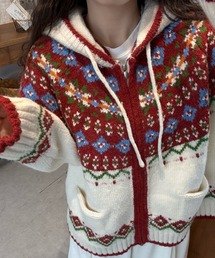 クリスマス お正月コーデに 着脱可能ファーフード ノルディック柄ジップカーデ