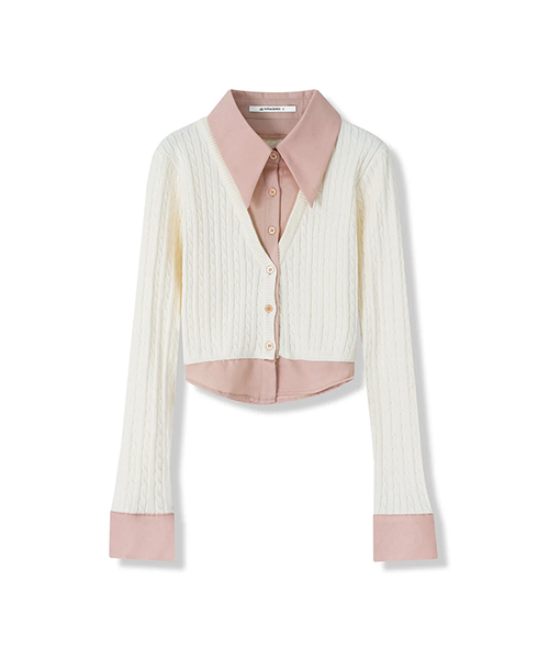 Vivacious(ビバシャス)の「Shirt Layered Cable Cardigan - 5COL(カーディガン/ボレロ・レディース・モカ/ブラック/スカイブルー/アイボリー/パープル・SMALL/MEDIUM)」の2枚目の写真