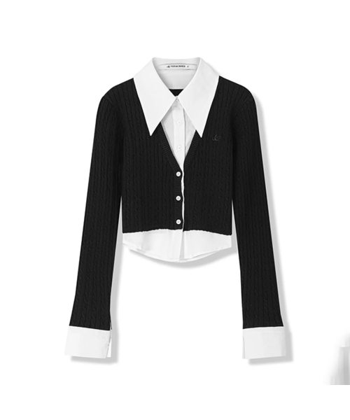 Vivacious(ビバシャス)の「Shirt Layered Cable Cardigan - 5COL(カーディガン/ボレロ・レディース・モカ/ブラック/スカイブルー/アイボリー/パープル・SMALL/MEDIUM)」の1枚目の写真