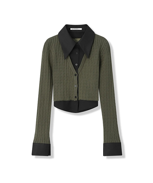 Vivacious(ビバシャス)の「Shirt Layered Cable Cardigan - 5COL(カーディガン/ボレロ・レディース・モカ/ブラック/スカイブルー/アイボリー/パープル・SMALL/MEDIUM)」の3枚目の写真