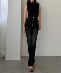 Louere | ハイウエストファスナーデザインストレッチストレートデニムパンツ[高身長サイズST有り](デニムパンツ)