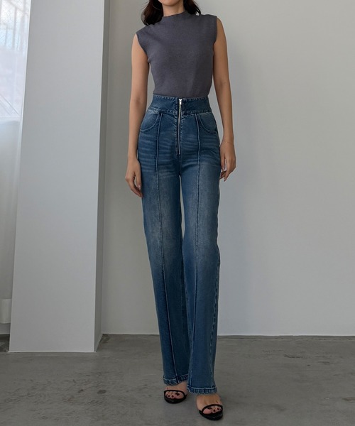 Louere（ルエレ）の「ハイウエストファスナーデザインストレッチストレートデニムパンツ[高身長サイズST有り]（デニムパンツ・レディース・ブラック/ライトブルー・SMALL/MEDIUM/LARGE/ST）」の7枚目の写真