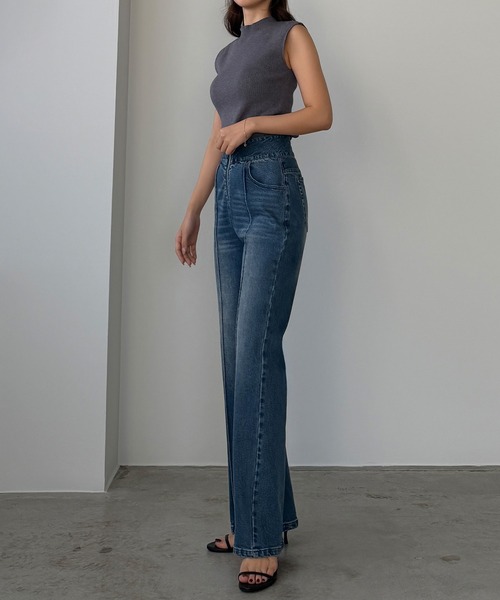 Louere（ルエレ）の「ハイウエストファスナーデザインストレッチストレートデニムパンツ[高身長サイズST有り]（デニムパンツ・レディース・ブラック/ライトブルー・SMALL/MEDIUM/LARGE/ST）」の8枚目の写真