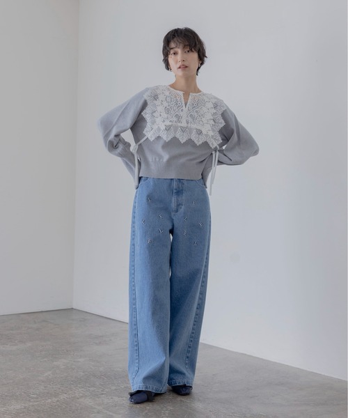 Eimee Law(エイミーロウ)の「レースベストアンサンブルニット(ニット/セーター・レディース・ライトグレー/ダークネイビー/アイボリー・FREE)」の4枚目の写真