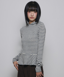 フレアシャーリングフードニットTシャツ[グレーストライプ]