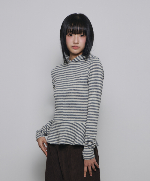 SLEEKGLOW（スリック グロウ）の「フレアシャーリングフードニットTシャツ[グレーストライプ]（パーカー・レディース・その他・FREE）」の3枚目の写真