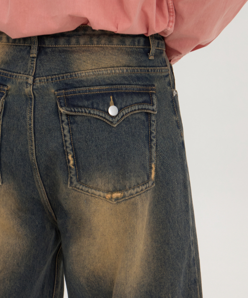 ACSHI(アクシ)の「立体曲線バックフラップポケットバルーンフィットワイドデニムパンツユニセックス(イエローティーン)(デニムパンツ・メンズ・その他・S/XS/XXL/M/L/XL)」の3枚目の写真
