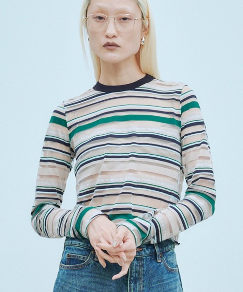 THINGS THAT MATTER(シングス ザット マター)の「SHEER LOGO BORDER TOPS / シアー ロゴ ボーダー トップス(Tシャツ/カットソー・レディース・ボルドー/ベージュ・FREE)」の1枚目の写真