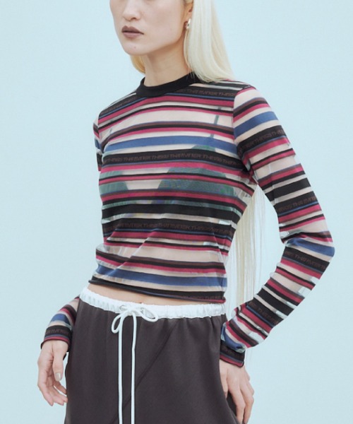 THINGS THAT MATTER(シングス ザット マター)の「SHEER LOGO BORDER TOPS / シアー ロゴ ボーダー トップス(Tシャツ/カットソー・レディース・ボルドー/ベージュ・FREE)」の2枚目の写真