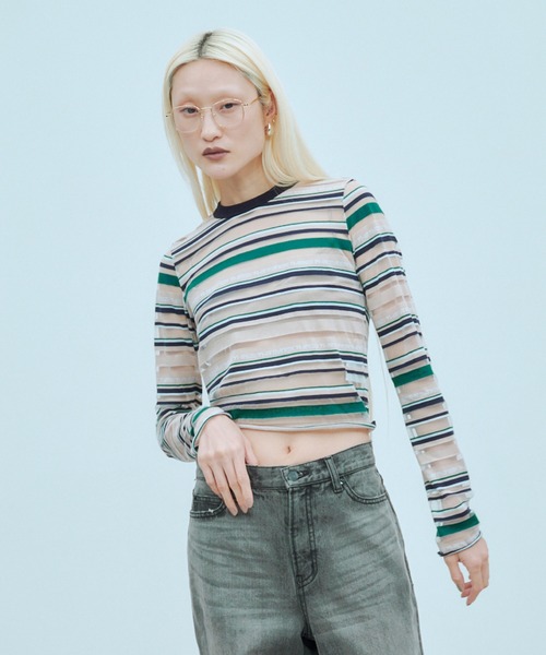 THINGS THAT MATTER(シングス ザット マター)の「SHEER LOGO BORDER TOPS / シアー ロゴ ボーダー トップス(Tシャツ/カットソー・レディース・ボルドー/ベージュ・FREE)」の3枚目の写真