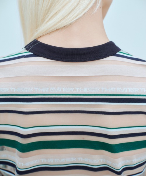 THINGS THAT MATTER(シングス ザット マター)の「SHEER LOGO BORDER TOPS / シアー ロゴ ボーダー トップス(Tシャツ/カットソー・レディース・ボルドー/ベージュ・FREE)」の8枚目の写真