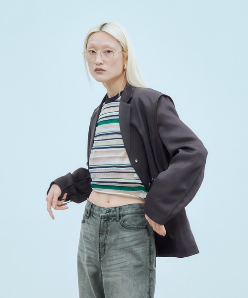 THINGS THAT MATTER(シングス ザット マター)の「SHEER LOGO BORDER TOPS / シアー ロゴ ボーダー トップス(Tシャツ/カットソー・レディース・ボルドー/ベージュ・FREE)」の11枚目の写真
