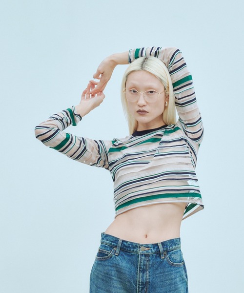 THINGS THAT MATTER(シングス ザット マター)の「SHEER LOGO BORDER TOPS / シアー ロゴ ボーダー トップス(Tシャツ/カットソー・レディース・ボルドー/ベージュ・FREE)」の4枚目の写真