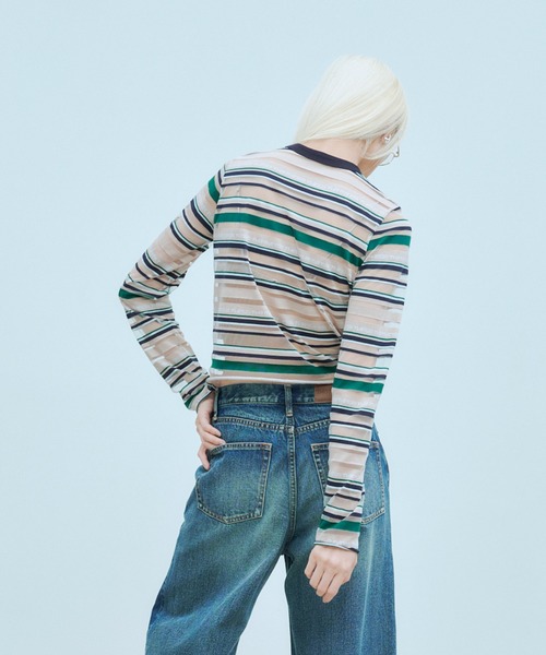 THINGS THAT MATTER(シングス ザット マター)の「SHEER LOGO BORDER TOPS / シアー ロゴ ボーダー トップス(Tシャツ/カットソー・レディース・ボルドー/ベージュ・FREE)」の5枚目の写真