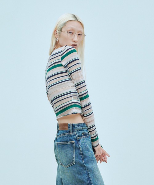 THINGS THAT MATTER(シングス ザット マター)の「SHEER LOGO BORDER TOPS / シアー ロゴ ボーダー トップス(Tシャツ/カットソー・レディース・ボルドー/ベージュ・FREE)」の6枚目の写真