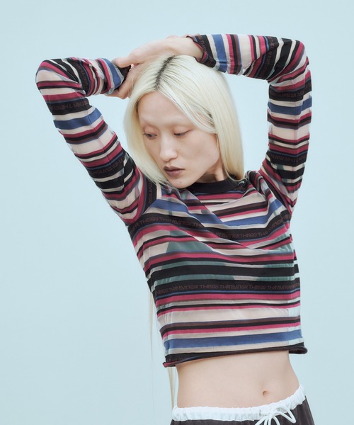 THINGS THAT MATTER(シングス ザット マター)の「SHEER LOGO BORDER TOPS / シアー ロゴ ボーダー トップス(Tシャツ/カットソー・レディース・ボルドー/ベージュ・FREE)」の13枚目の写真