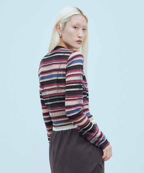 THINGS THAT MATTER(シングス ザット マター)の「SHEER LOGO BORDER TOPS / シアー ロゴ ボーダー トップス(Tシャツ/カットソー・レディース・ボルドー/ベージュ・FREE)」の14枚目の写真