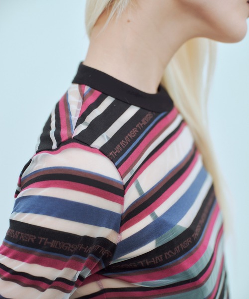 THINGS THAT MATTER(シングス ザット マター)の「SHEER LOGO BORDER TOPS / シアー ロゴ ボーダー トップス(Tシャツ/カットソー・レディース・ボルドー/ベージュ・FREE)」の18枚目の写真