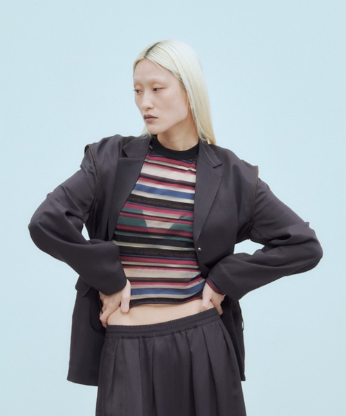 THINGS THAT MATTER(シングス ザット マター)の「SHEER LOGO BORDER TOPS / シアー ロゴ ボーダー トップス(Tシャツ/カットソー・レディース・ボルドー/ベージュ・FREE)」の20枚目の写真