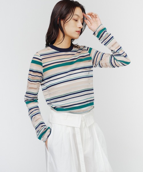 THINGS THAT MATTER(シングス ザット マター)の「SHEER LOGO BORDER TOPS / シアー ロゴ ボーダー トップス(Tシャツ/カットソー・レディース・ボルドー/ベージュ・FREE)」の21枚目の写真
