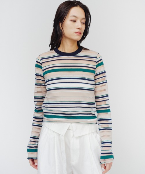 THINGS THAT MATTER(シングス ザット マター)の「SHEER LOGO BORDER TOPS / シアー ロゴ ボーダー トップス(Tシャツ/カットソー・レディース・ボルドー/ベージュ・FREE)」の20枚目の写真