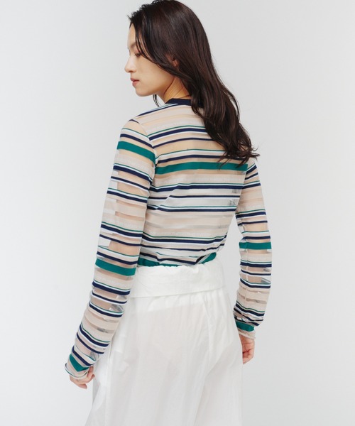 THINGS THAT MATTER(シングス ザット マター)の「SHEER LOGO BORDER TOPS / シアー ロゴ ボーダー トップス(Tシャツ/カットソー・レディース・ボルドー/ベージュ・FREE)」の22枚目の写真