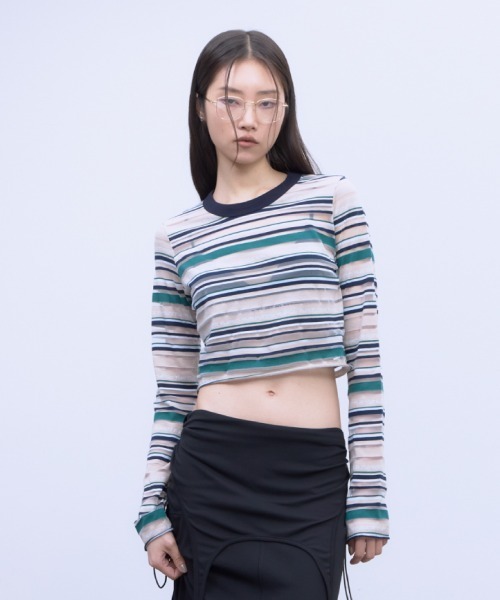 SHEER LOGO BORDER TOPS / シアー ロゴ ボーダー トップス（Tシャツ