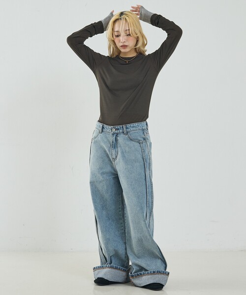 NOMINE(ノミネ)の「サイドライン ワイド デニムパンツ(デニムパンツ・レディース・ブルー/チャコールグレー/ホワイト・S/M)」の20枚目の写真