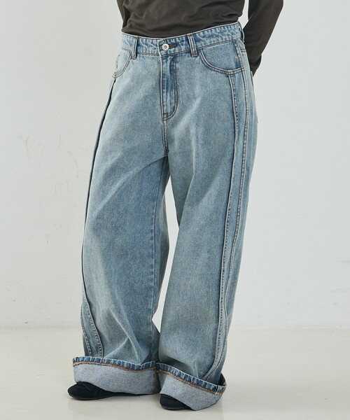 NOMINE(ノミネ)の「サイドライン ワイド デニムパンツ(デニムパンツ・レディース・ブルー/チャコールグレー/ホワイト・S/M)」の19枚目の写真