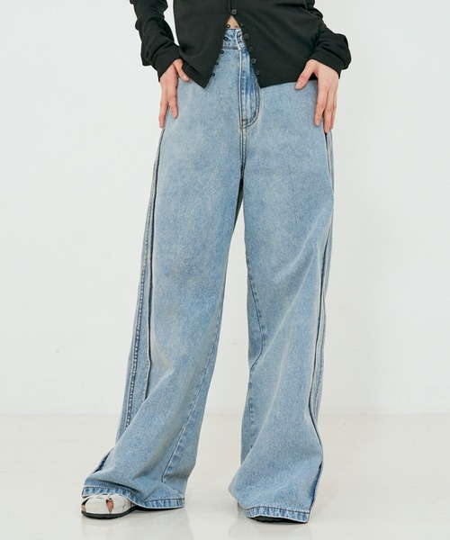 NOMINE(ノミネ)の「サイドライン ワイド デニムパンツ(デニムパンツ・レディース・ブルー/チャコールグレー/ホワイト・S/M)」の6枚目の写真