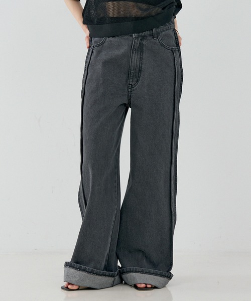 NOMINE(ノミネ)の「サイドライン ワイド デニムパンツ(デニムパンツ・レディース・ブルー/チャコールグレー/ホワイト・S/M)」の5枚目の写真
