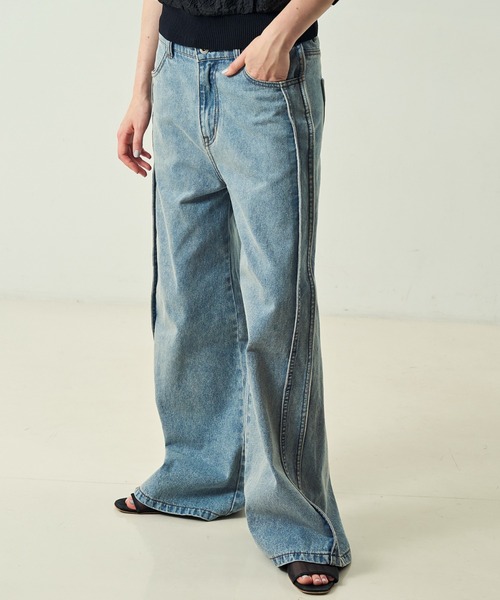 NOMINE(ノミネ)の「サイドライン ワイド デニムパンツ(デニムパンツ・レディース・ブルー/チャコールグレー/ホワイト・S/M)」の7枚目の写真