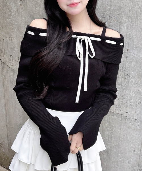 INGNI（イング）の「リボンオフショルフレアスリーブニット（ニット/セーター・レディース・グレー系その他3/ブラック×ホワイト/ホワイト×ブラック・M）」の12枚目の写真