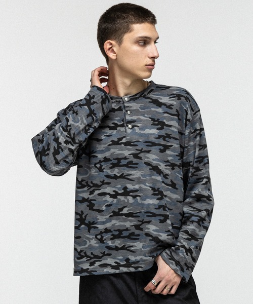 HENLEY CAMO WAFFLE LONG-SLEEVE TEE / カモ総柄ヘンリーネック