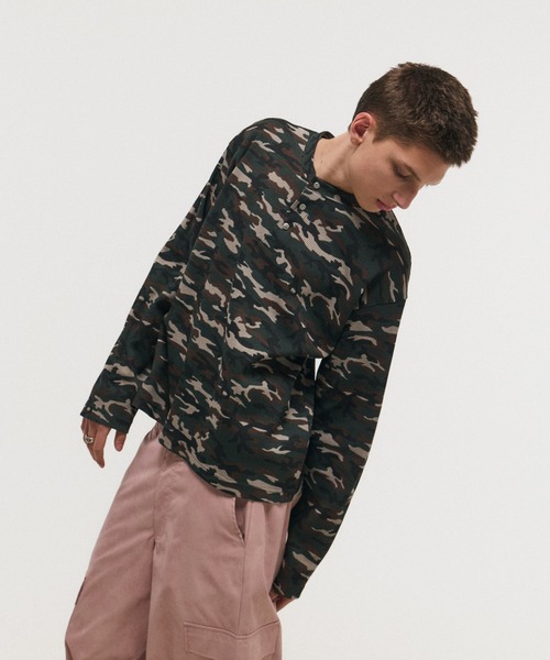 ＜カーキ＞ワッフル long T＆Henly Long Tシャツ ラグスタイル LUXSTYLE ワッフルヘンリーネック長袖Tシャツ/ロンT