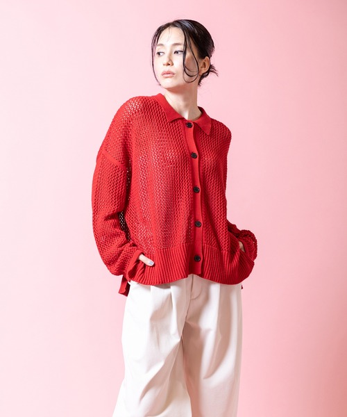 OSMOSIS（オズモーシス）の「ポロカラーメッシュニットカーディガン（ニット/セーター・レディース・レッド/ホワイト/ブラック・ONE SIZE）」の3枚目の写真