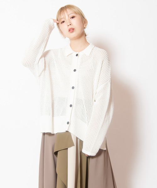 OSMOSIS（オズモーシス）の「ポロカラーメッシュニットカーディガン（ニット/セーター・レディース・レッド/ホワイト/ブラック・ONE SIZE）」の2枚目の写真