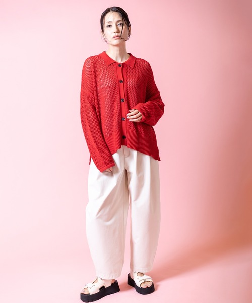 OSMOSIS（オズモーシス）の「ポロカラーメッシュニットカーディガン（ニット/セーター・レディース・レッド/ホワイト/ブラック・ONE SIZE）」の5枚目の写真