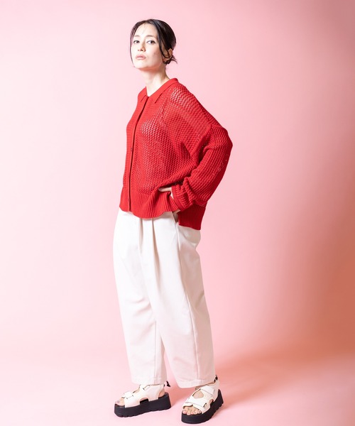 OSMOSIS（オズモーシス）の「ポロカラーメッシュニットカーディガン（ニット/セーター・レディース・レッド/ホワイト/ブラック・ONE SIZE）」の7枚目の写真