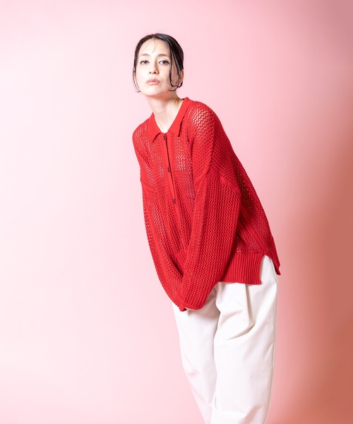 OSMOSIS（オズモーシス）の「ポロカラーメッシュニットカーディガン（ニット/セーター・レディース・レッド/ホワイト/ブラック・ONE SIZE）」の9枚目の写真