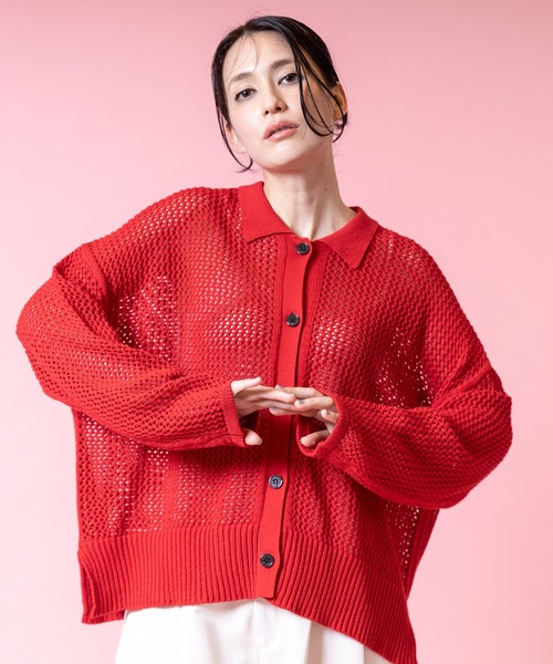 OSMOSIS（オズモーシス）の「ポロカラーメッシュニットカーディガン（ニット/セーター・レディース・レッド/ホワイト/ブラック・ONE SIZE）」の10枚目の写真