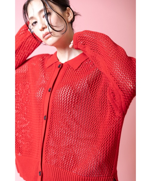 OSMOSIS（オズモーシス）の「ポロカラーメッシュニットカーディガン（ニット/セーター・レディース・レッド/ホワイト/ブラック・ONE SIZE）」の11枚目の写真