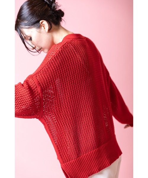 OSMOSIS（オズモーシス）の「ポロカラーメッシュニットカーディガン（ニット/セーター・レディース・レッド/ホワイト/ブラック・ONE SIZE）」の12枚目の写真