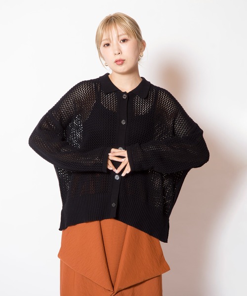 OSMOSIS（オズモーシス）の「ポロカラーメッシュニットカーディガン（ニット/セーター・レディース・レッド/ホワイト/ブラック・ONE SIZE）」の21枚目の写真